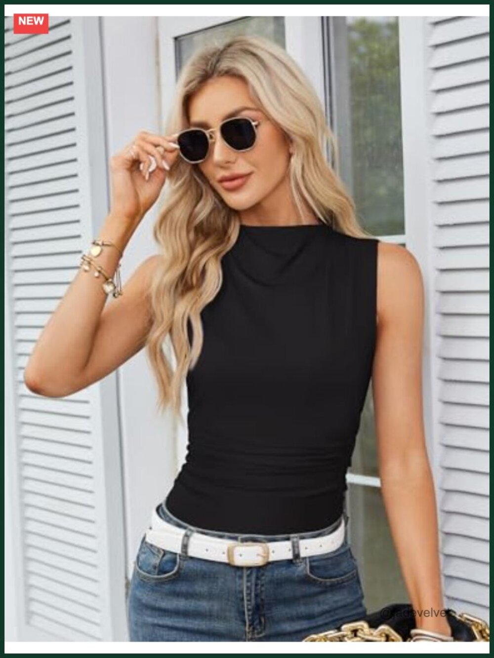 Sleeveless Mock Neck Tank Top Women's Slim Fit Ruching Blouse - Picture 5 of 6